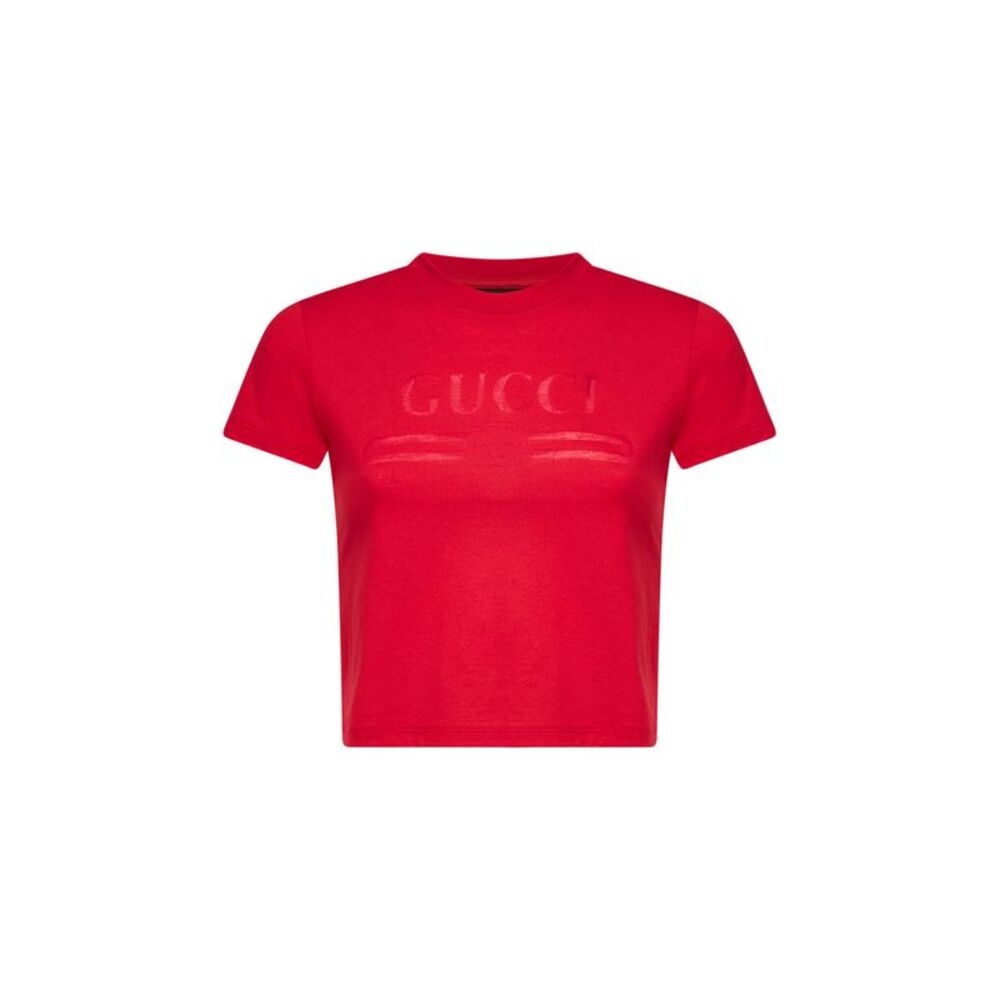 Gucci Women Red Jersey Cropped T-Shirt With Devoré Detail